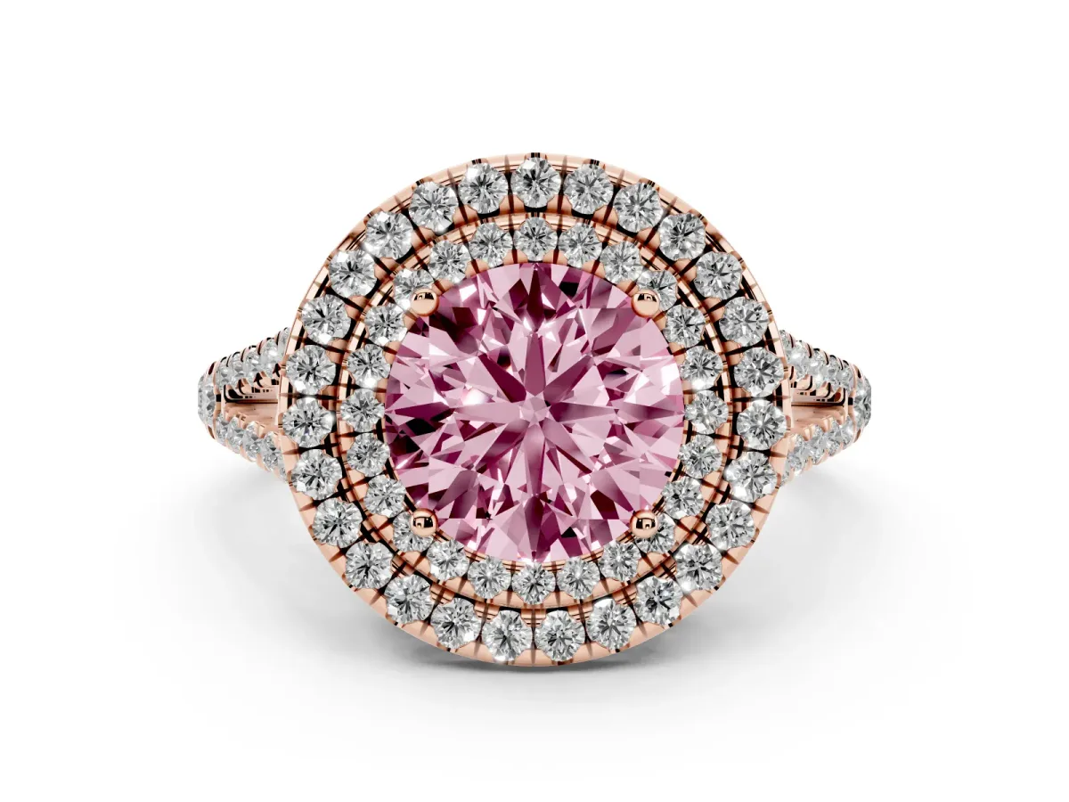 Fancy Pink Round Cut Diamond Double Halo Ring with Pavé Band and Prong Setting Rose gold