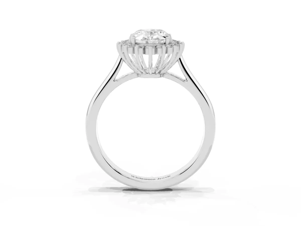 Oval Cut Cut Diamond Halo Ring with Solitaire Band and Prong Setting Silver