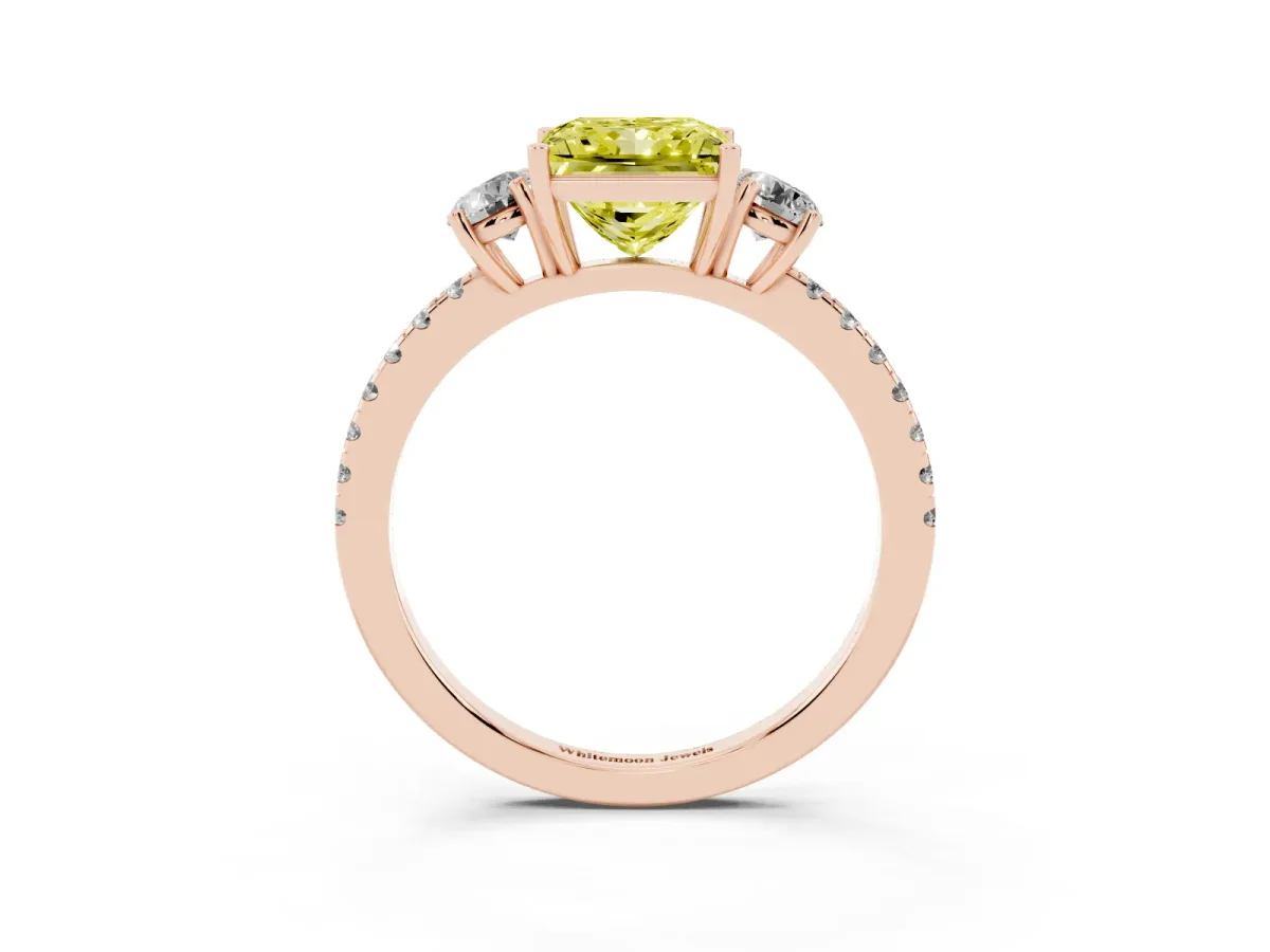 Fancy Yellow Three-Stone Princess Cut Cut Diamond Pavé Band with Prong Setting Rose gold