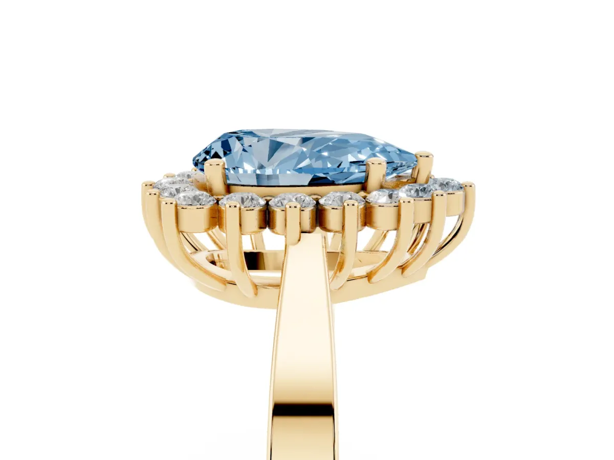 Fancy Blue Pear Cut Cut Diamond Halo Ring with Round Brilliant Halo and Solitaire Band Yellow gold