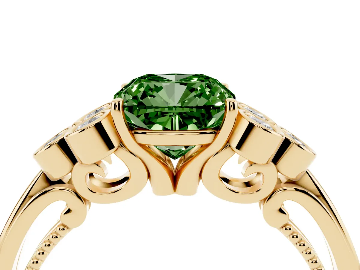 Fancy Green Cushion Cut Cut Diamond Engagement Ring with Bezel Set Round Side Stones and Prong Setting Yellow gold