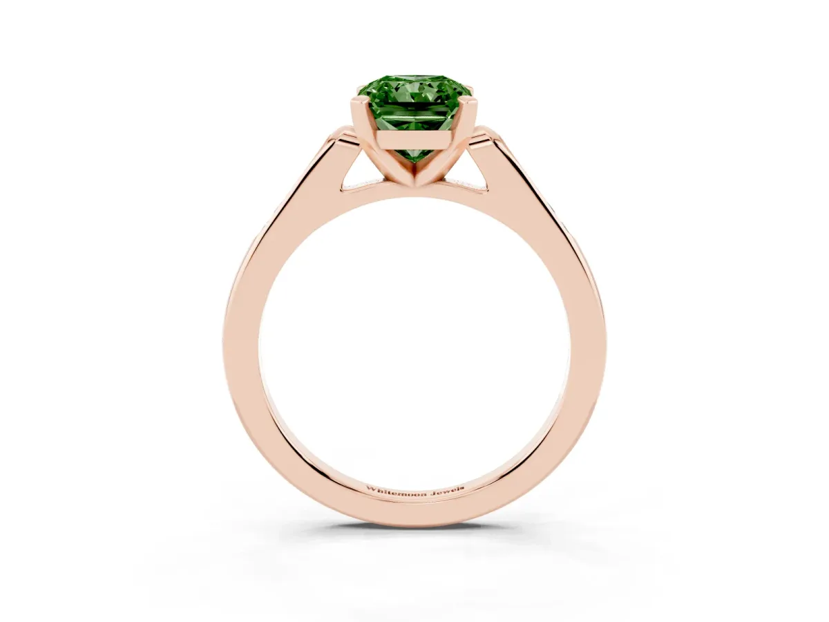 Fancy Green Radiant Cut Diamond Solitaire Ring with Channel Set Round Band and Prong Setting Rose gold