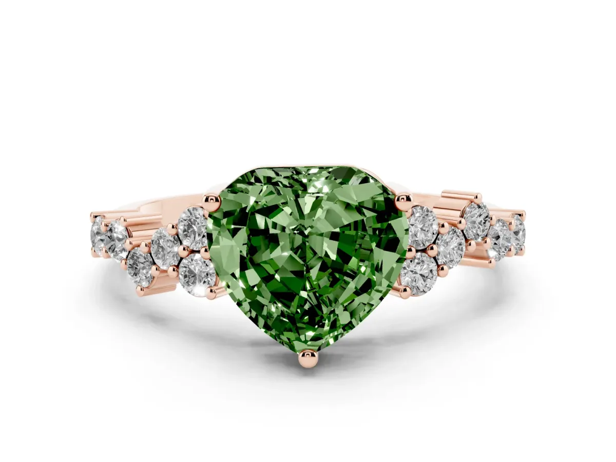 Fancy Green Heart Cut Diamond Scattered Round Accent Ring with Prong Setting Rose gold