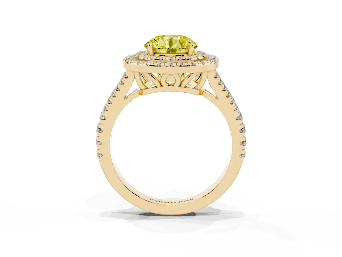 Fancy Yellow Round Cut Diamond Double Halo Ring with Pavé Band and Prong Setting Yellow gold