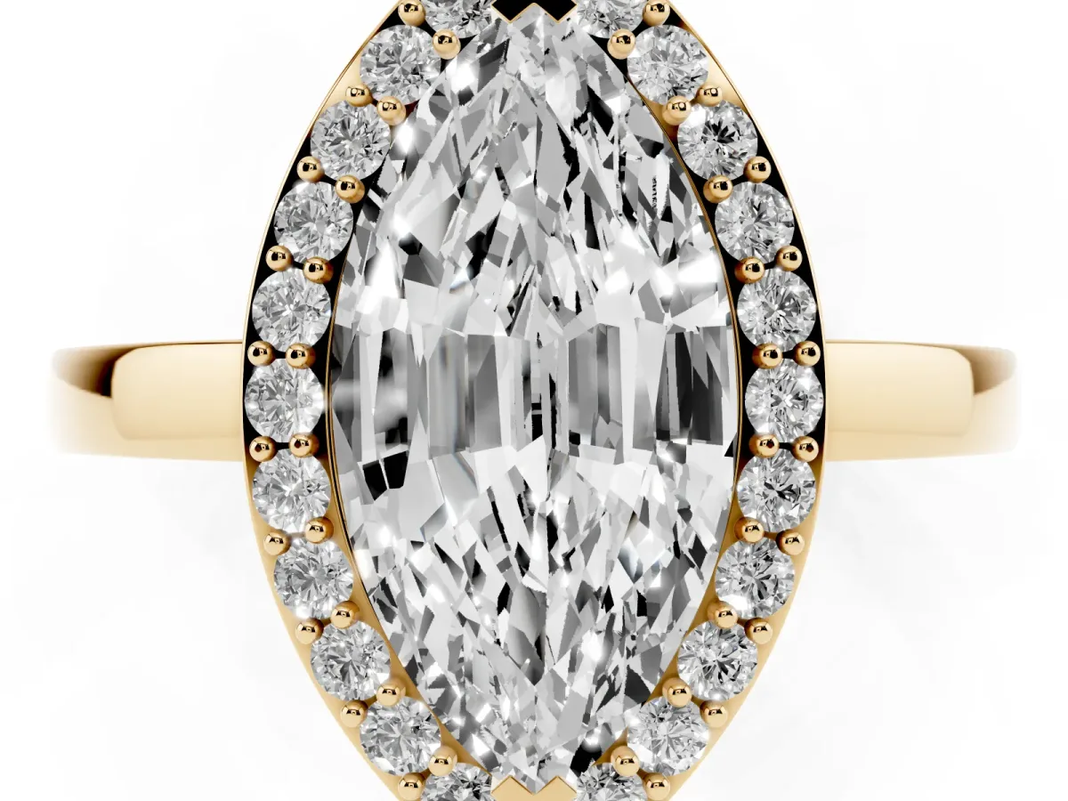 Marquise Cut Halo Diamond Ring with Solitaire Band and Prong Setting Yellow gold