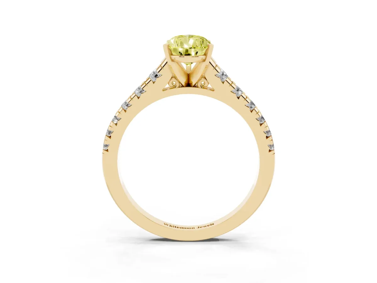 Fancy Yellow Pear Cut Diamond Cathedral Solitaire Ring with Round Pavé Band Yellow gold