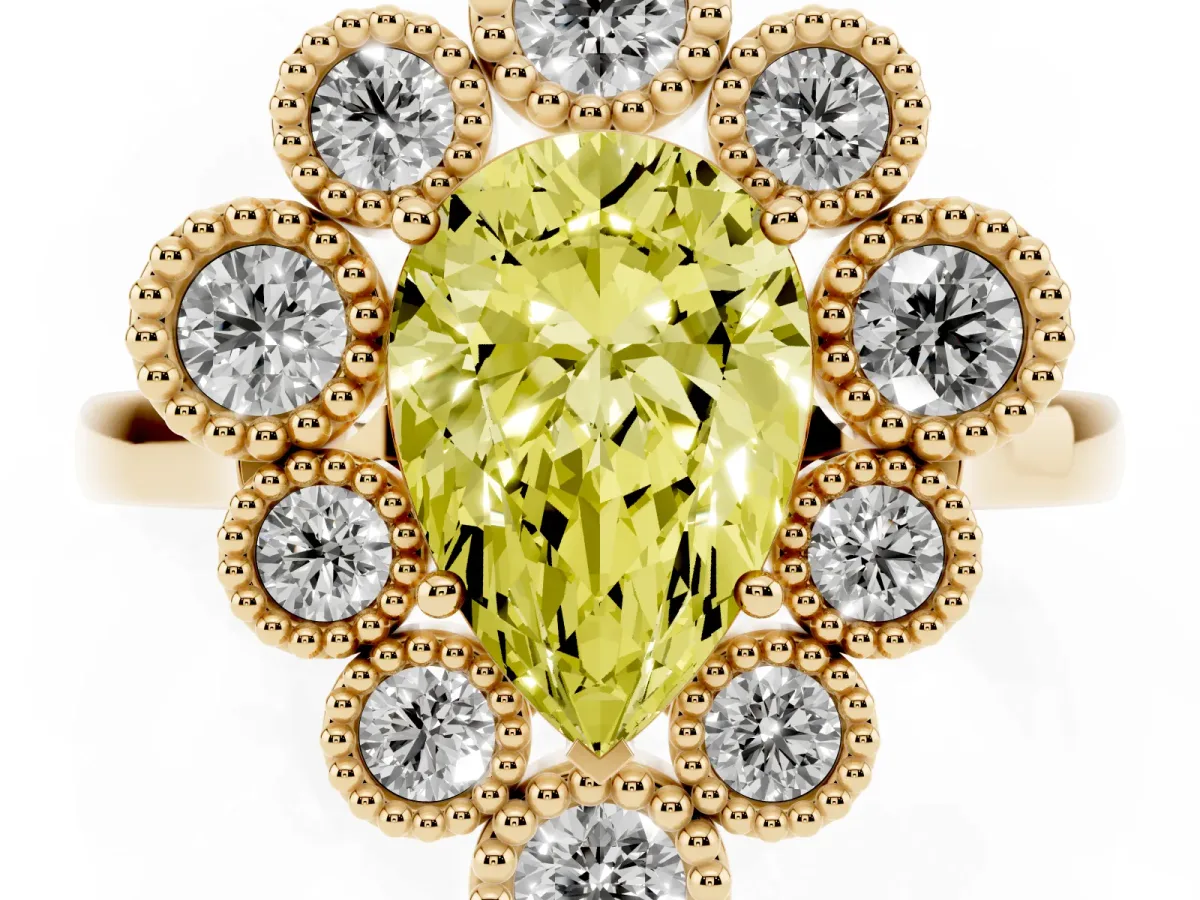 Fancy Yellow Pear Cut Halo Diamond Cluster Engagement Ring with Milgrain Bezel Setting and Solitaire Band Yellow gold