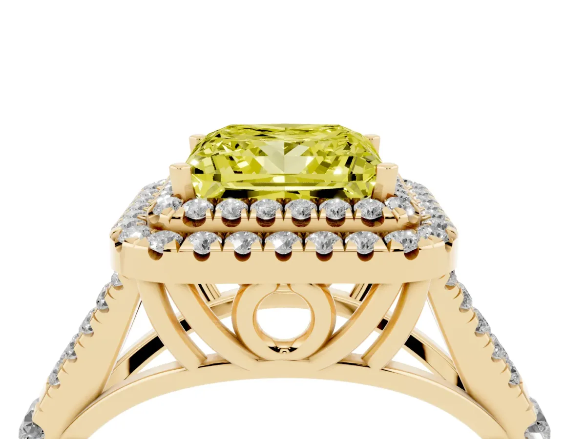 Fancy Yellow Double Halo Princess Cut Diamond Split Shank Engagement Ring with Four-Prong Setting Yellow gold