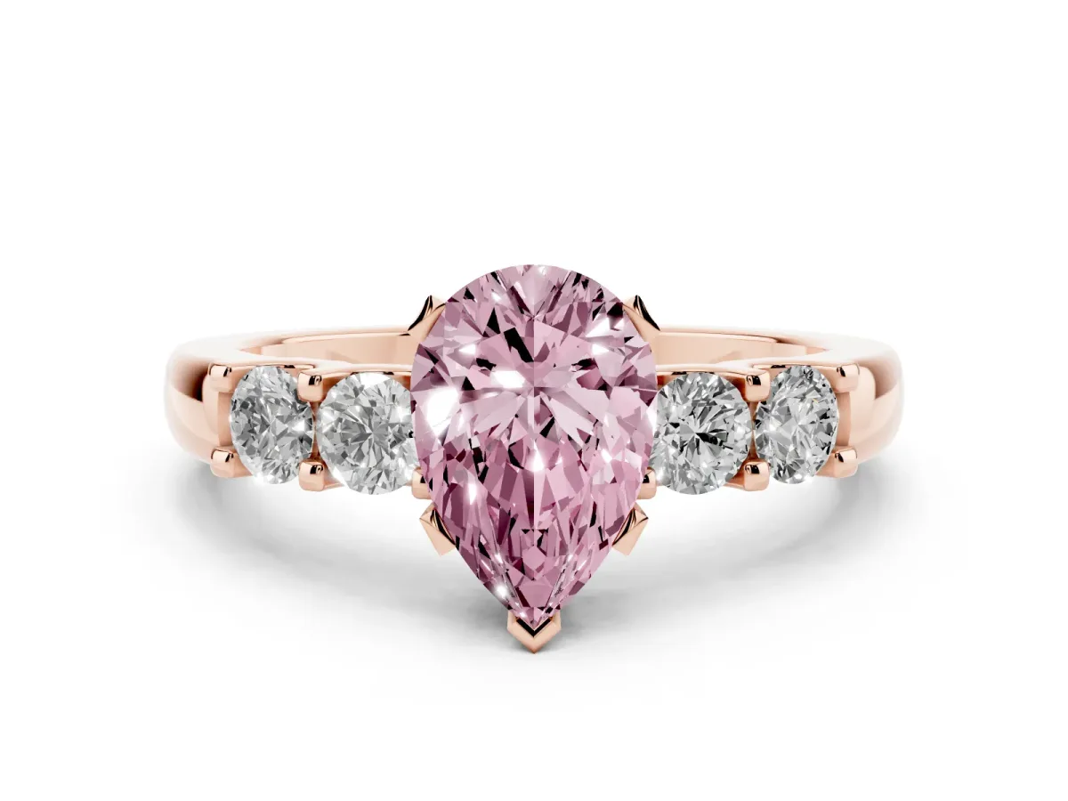 Fancy Pink Pear Cut Brilliant Cut Diamond Five-Stone Prong Set Engagement Ring with Channel Band Rose gold