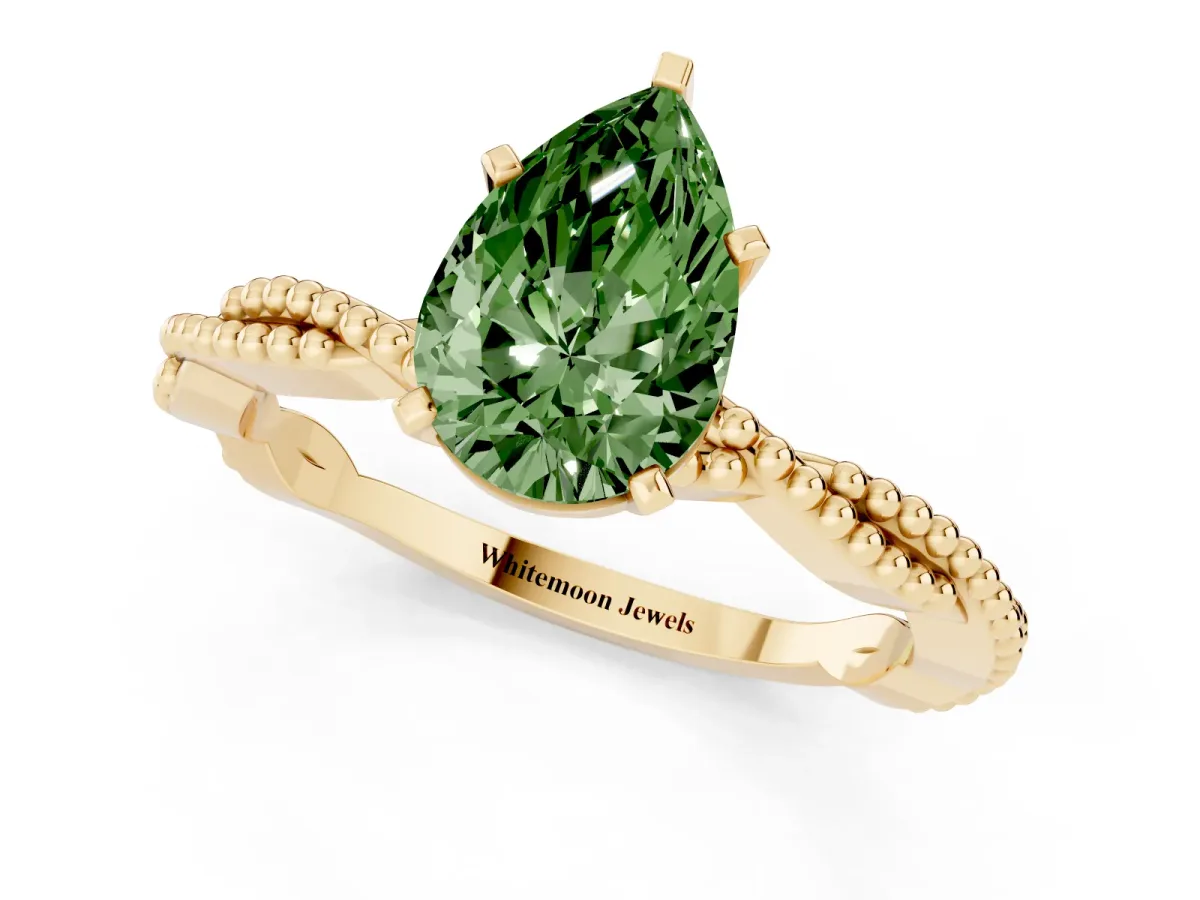 Fancy Green Pear Cut Solitaire Twisted Band with Bead Prong Setting Yellow gold