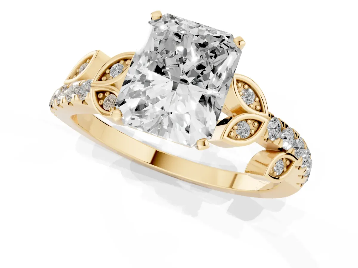 Radiant Cut Solitaire Leaf-Inspired Diamond Ring with Pavé Band and Four-Prong Setting Yellow gold