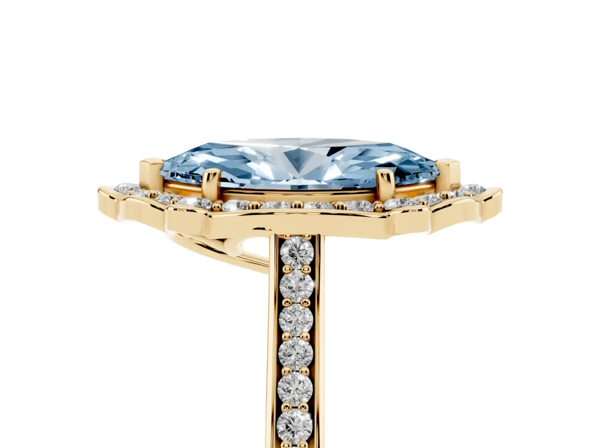Fancy Blue Marquise Cut Halo Round Diamond Pave Band with Four-Prong Setting Yellow gold