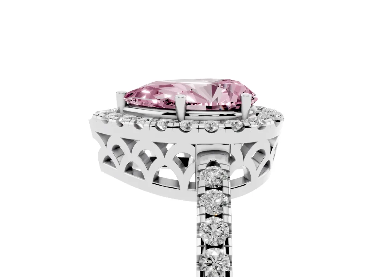Fancy Pink Pear Cut Halo Diamond Engagement Ring with Pavé Band and Four-Prong Setting Silver