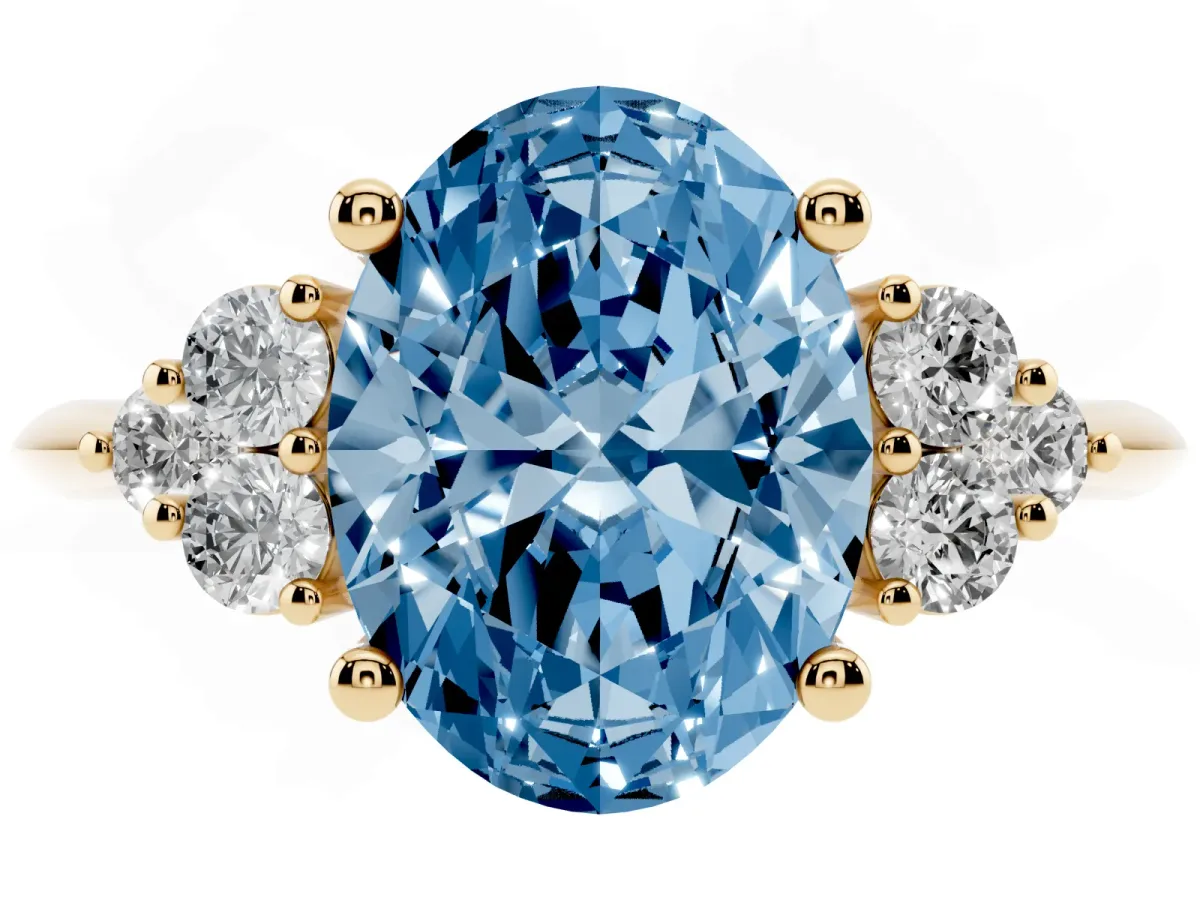 Fancy Blue Oval Cut Cut Diamond Cluster Ring with Solitaire Band and Four-Prong Setting Yellow gold