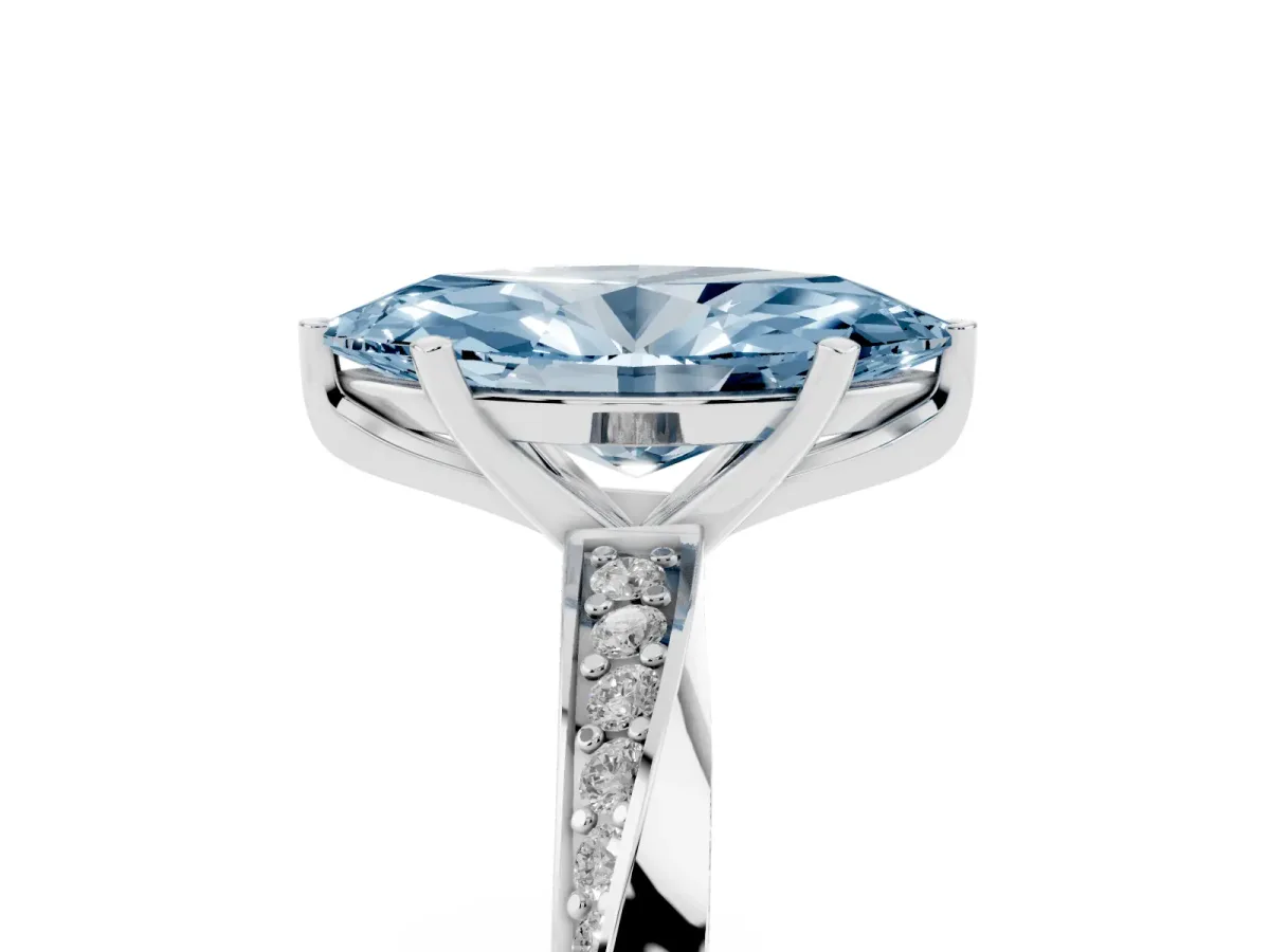 Fancy Blue Marquise Cut Diamond Engagement Ring with Side Stone Accents and Four-Prong Setting Silver