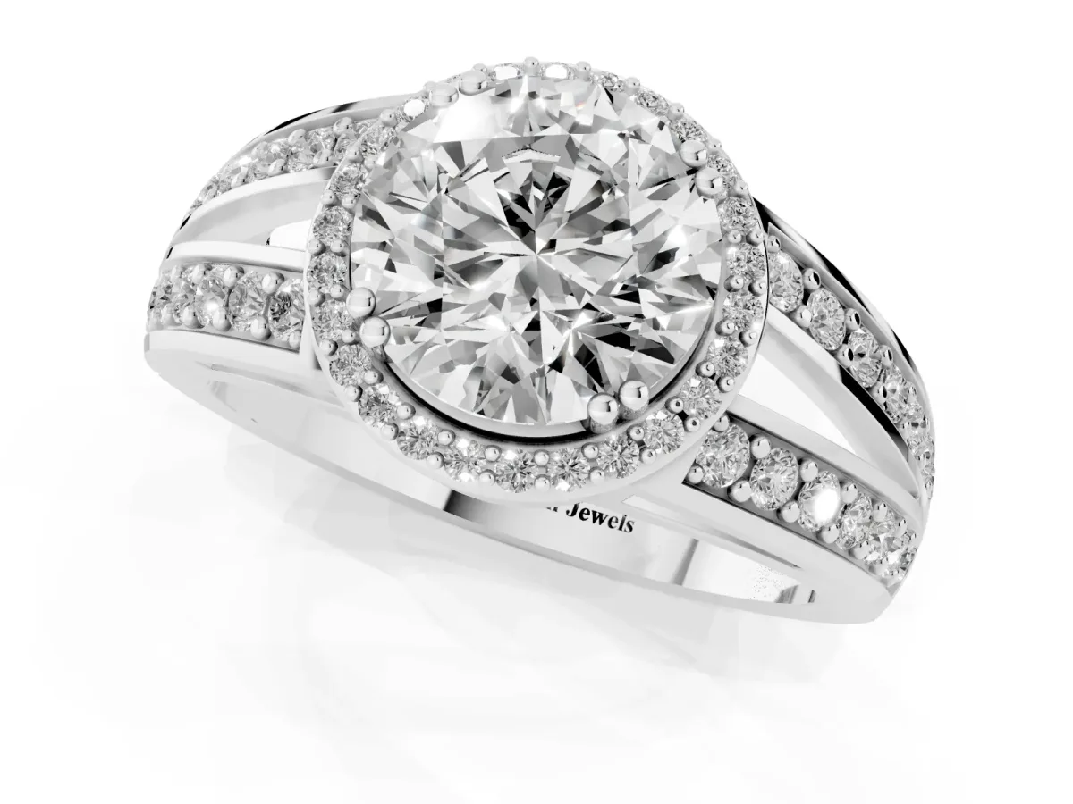 Round Cut Diamond Halo Ring with Split Shank Pavé Band and Four-Prong Setting Platinum