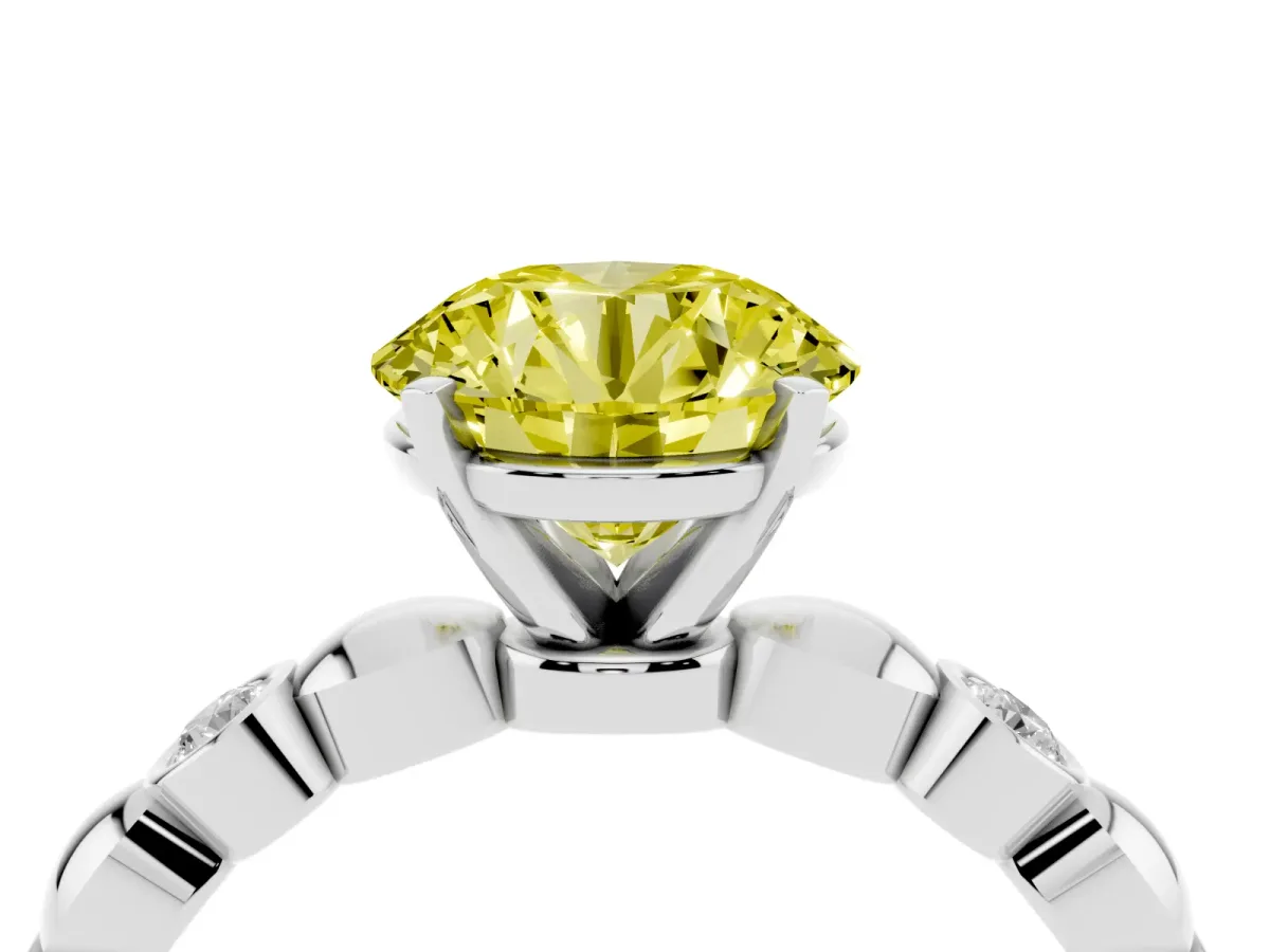 Fancy Yellow Round Cut Solitaire Bezel-Set Diamond Ring with Beaded Band and Four-Prong Setting Platinum