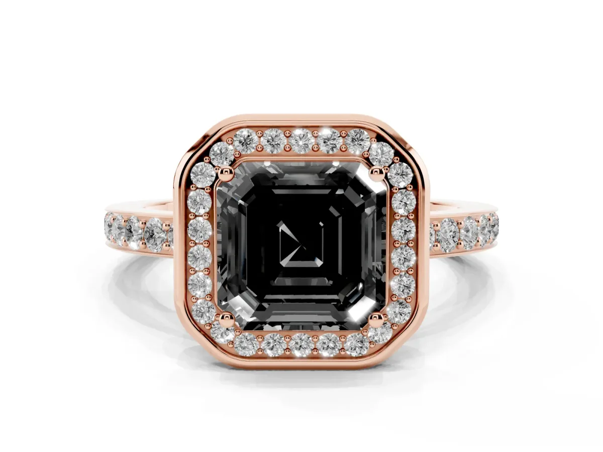 Fancy Black Asscher Cut Diamond Halo Ring with Bezel Frame and Pavé Band Rose gold