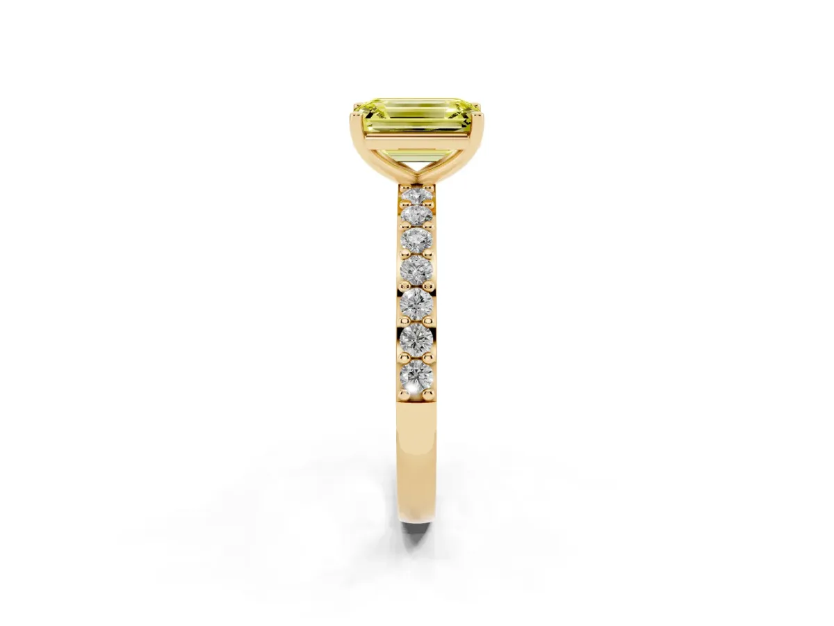 Fancy Yellow Emerald Cut Cut Diamond Solitaire with Pave Band and Four-Prong Setting Yellow gold