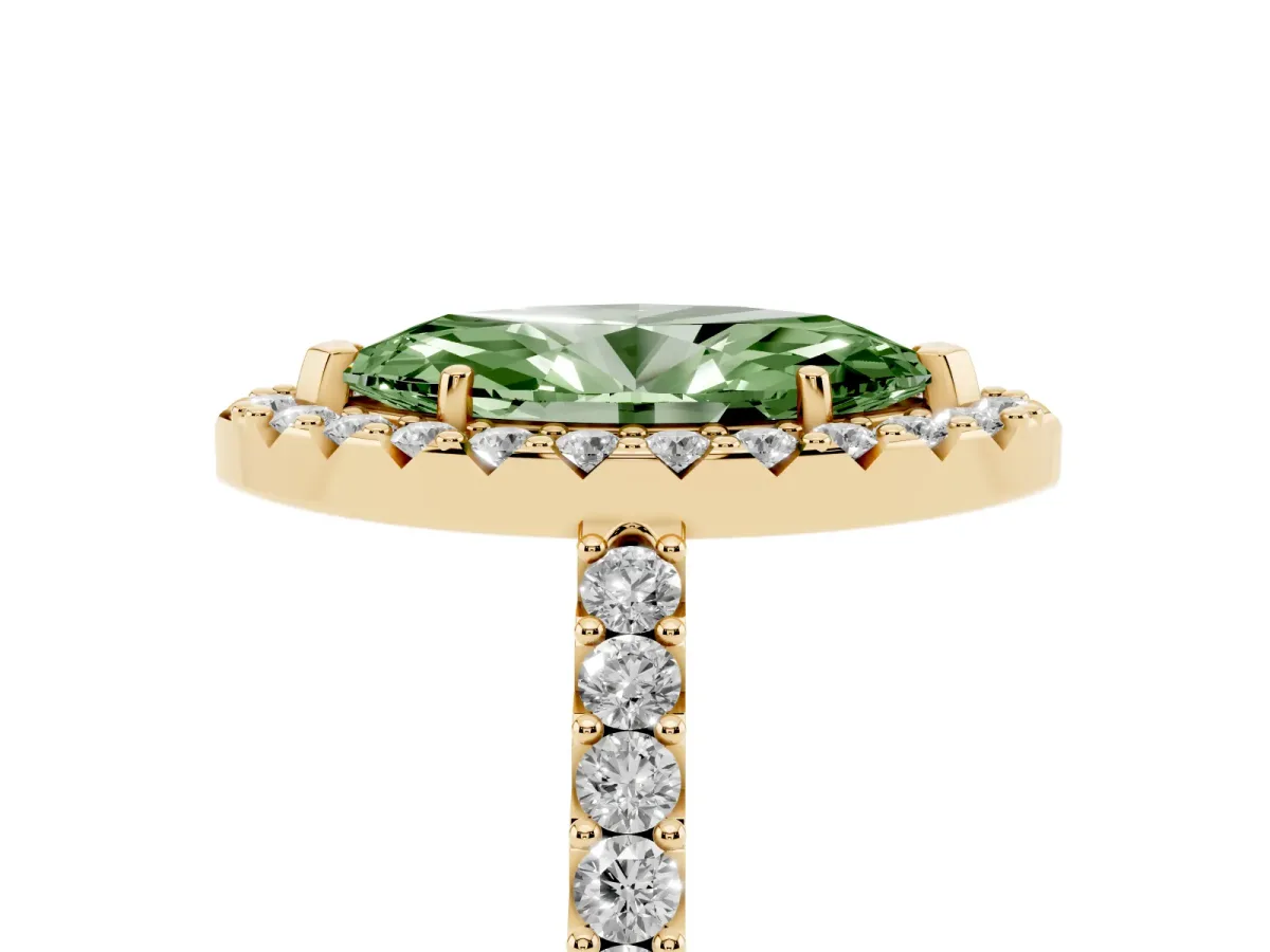 Fancy Green Marquise Cut Halo Diamond Pavé Solitaire Ring Yellow gold