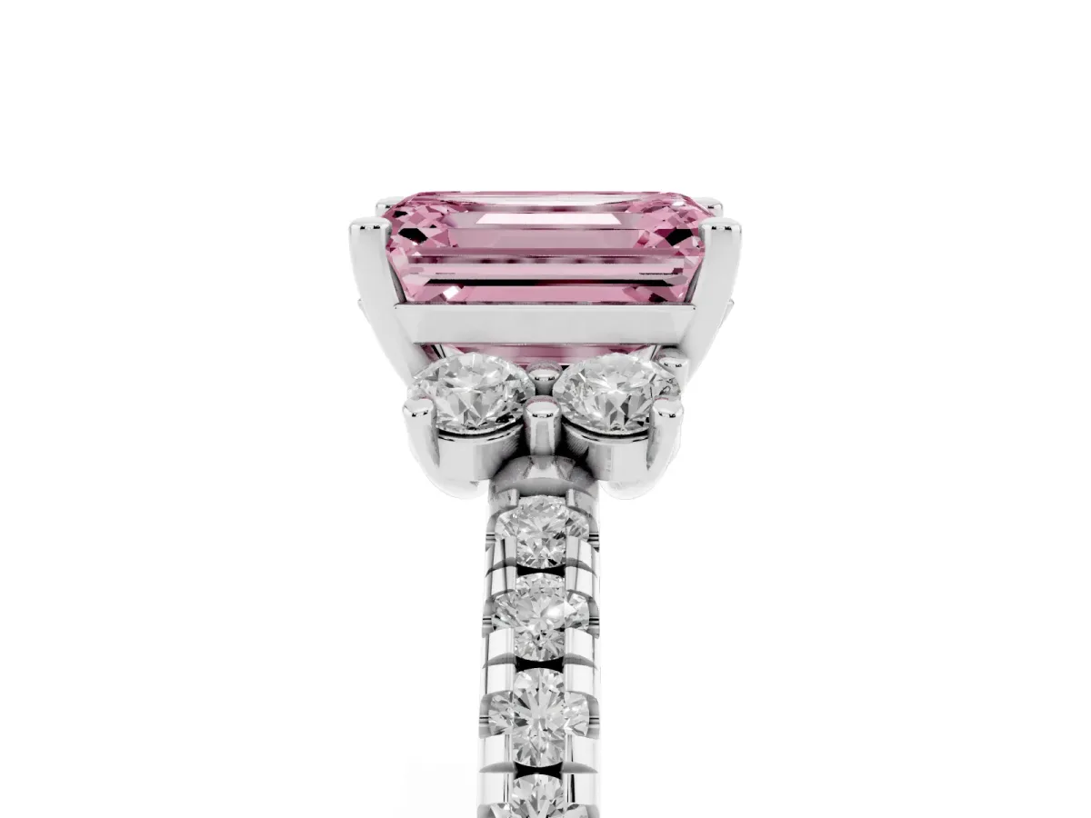 Fancy Pink Emerald Cut Diamond Three-Stone Pave Band with Four-Prong Setting Silver