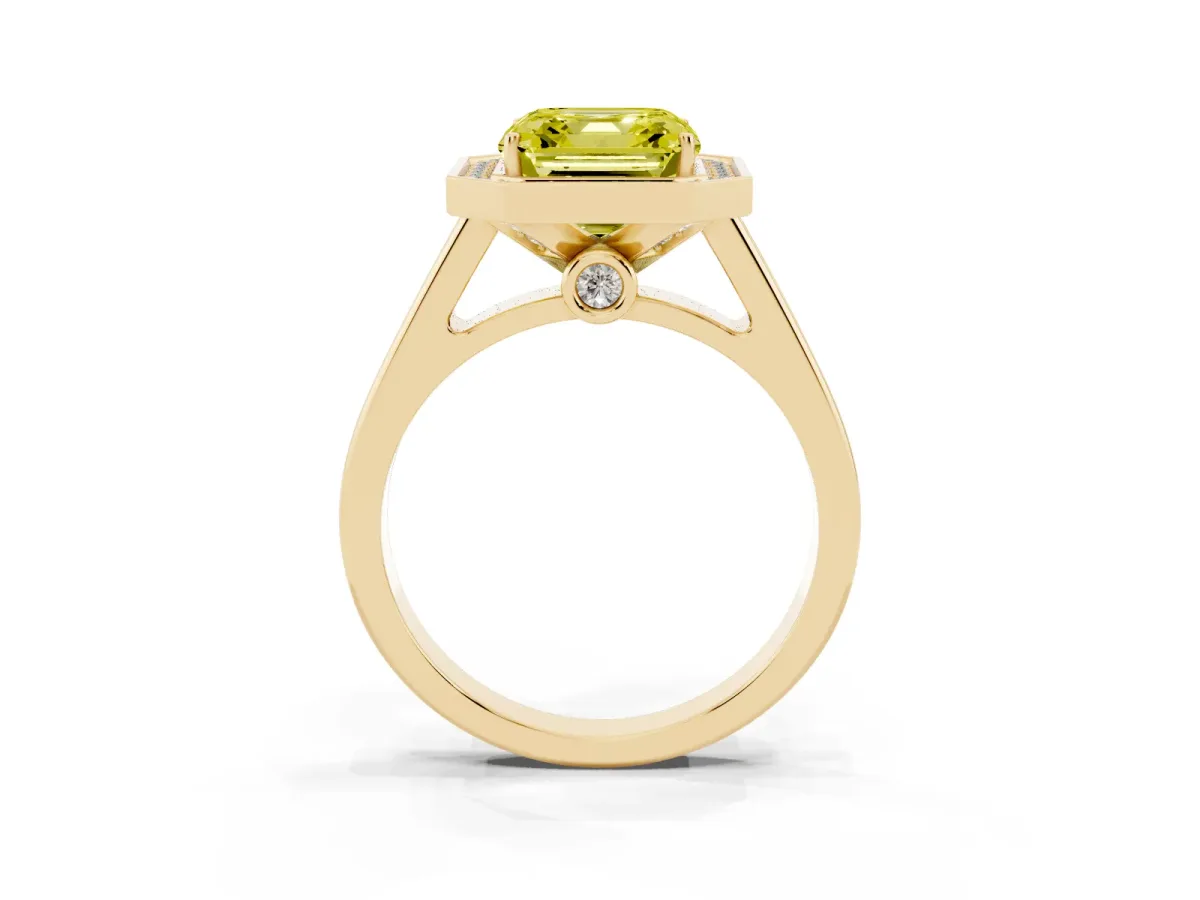 Fancy Yellow Asscher Cut Halo Solitaire Diamond Ring with Pave Band and Bezel Setting Yellow gold