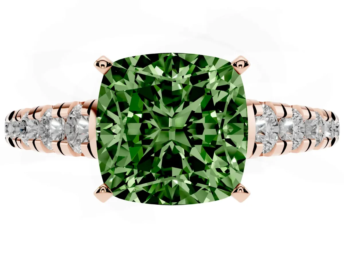 Fancy Green Cushion Cut Diamond Cathedral Solitaire Ring with Round Pavé Band Rose gold