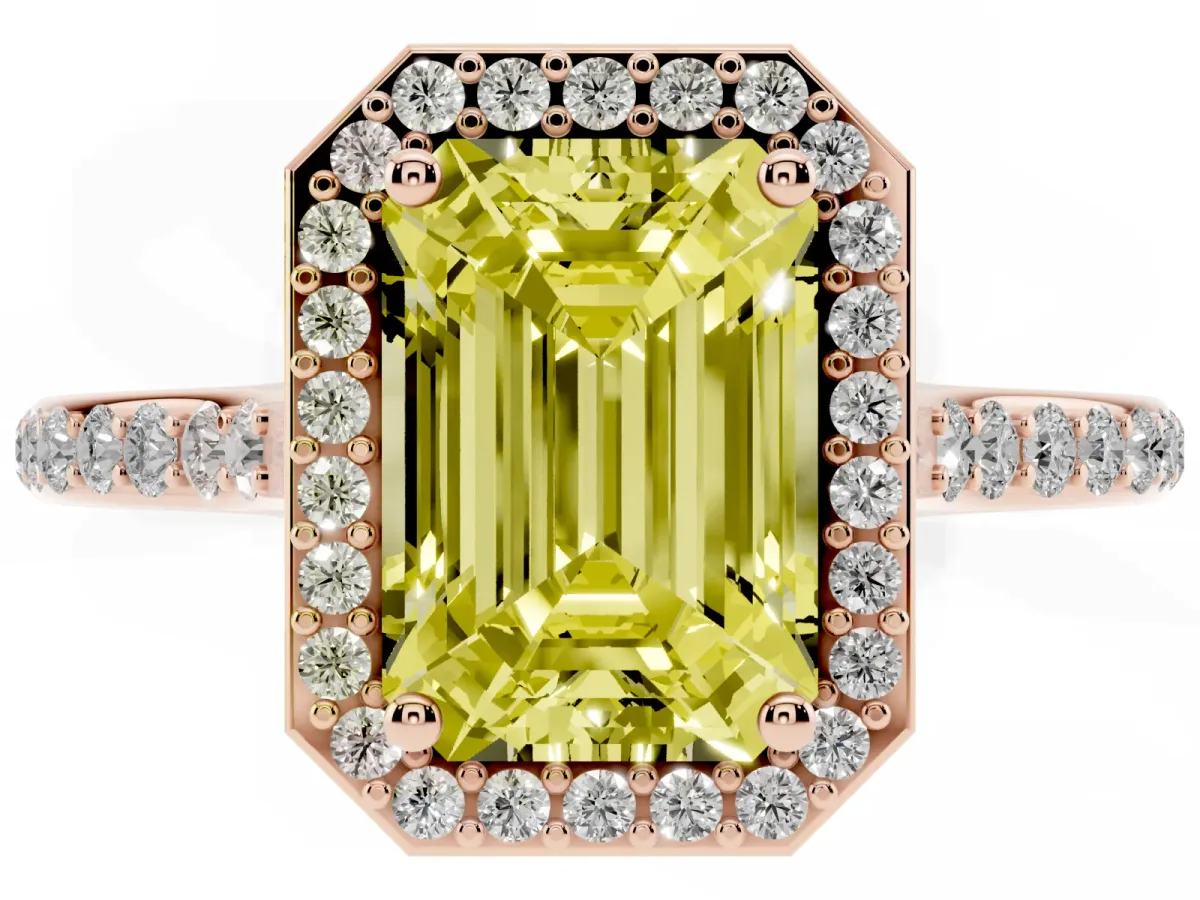 Fancy Yellow Emerald Cut Diamond Halo Engagement Ring with Round Pavé Shoulders and Prong Setting Rose gold