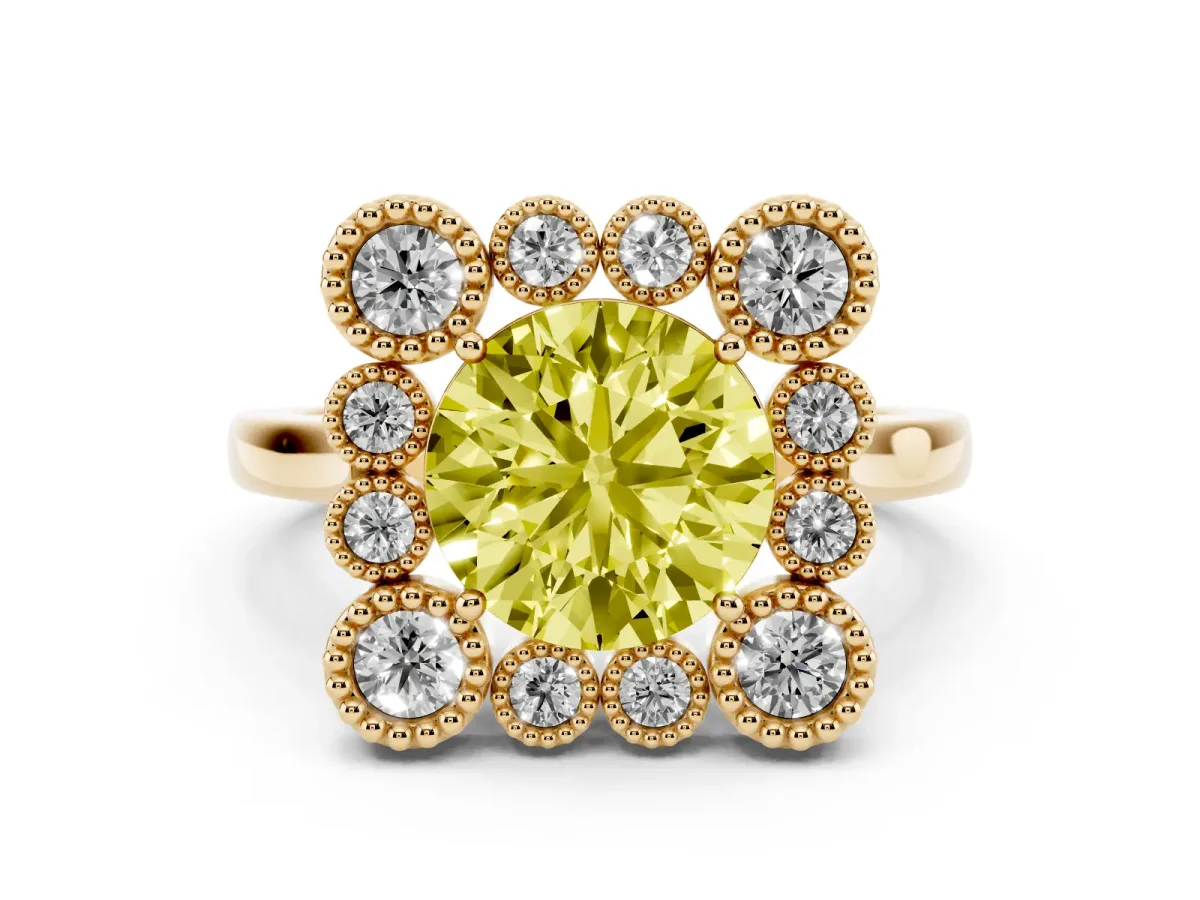 Fancy Yellow Round Cut Halo Diamond Cluster Engagement Ring with Milgrain Bezel Setting and Solitaire Band Yellow gold