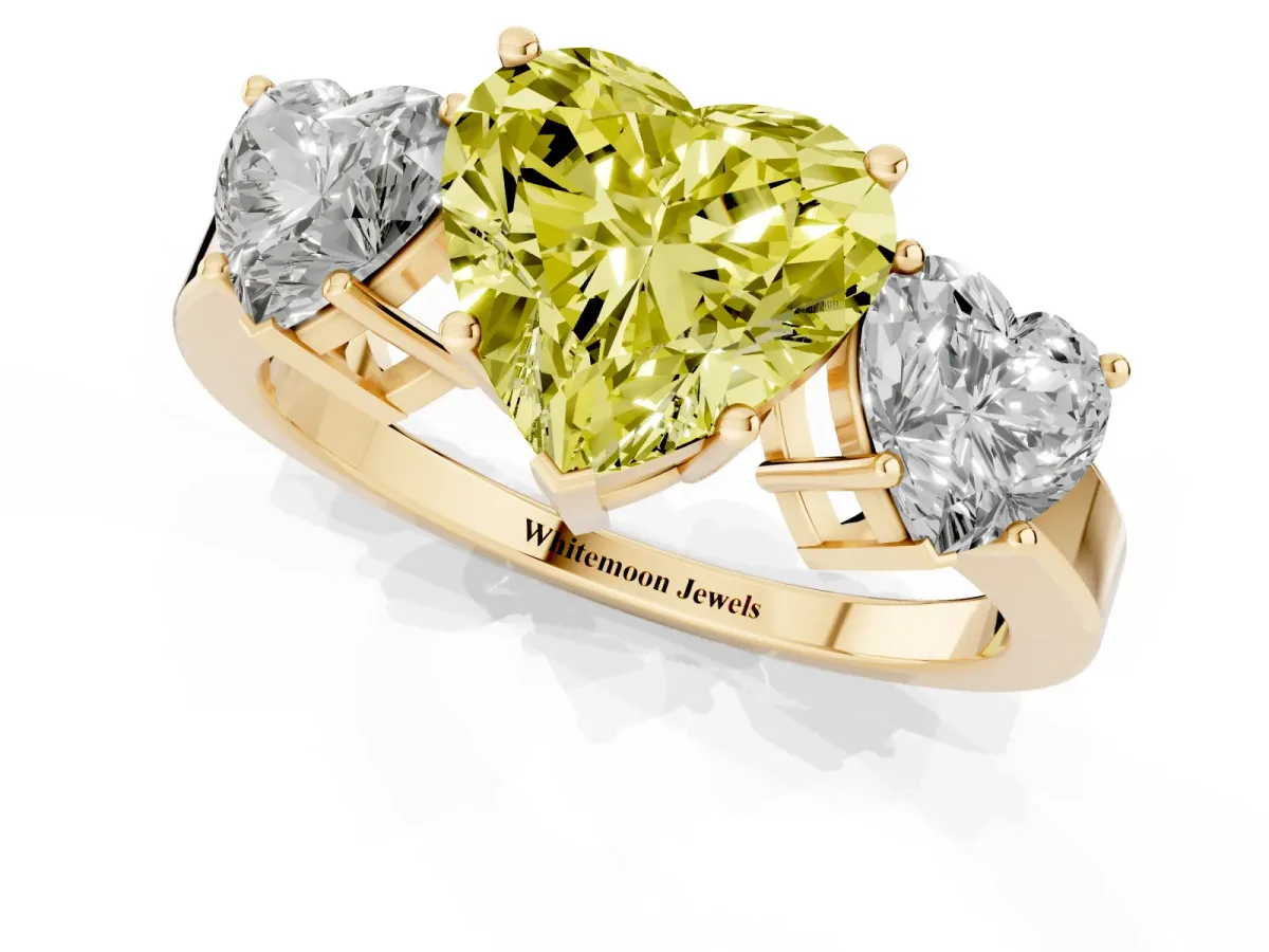 Fancy Yellow Three-Stone Heart Cut Cut Diamond Engagement Ring with Flat Band and Four-Prong Setting Yellow gold