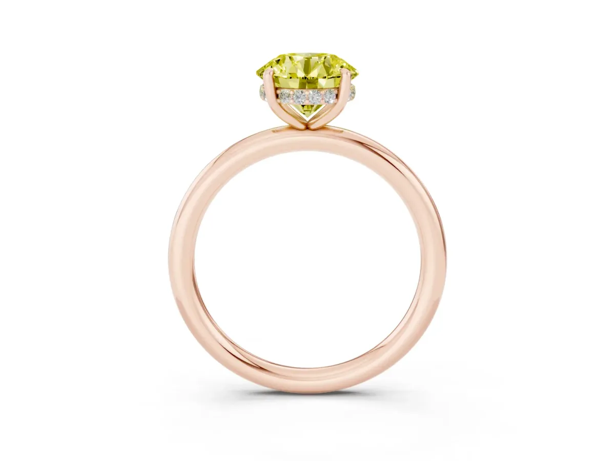 Fancy Yellow Round Cut Diamond Solitaire Ring with Thin Band and Four-Prong Setting Rose gold