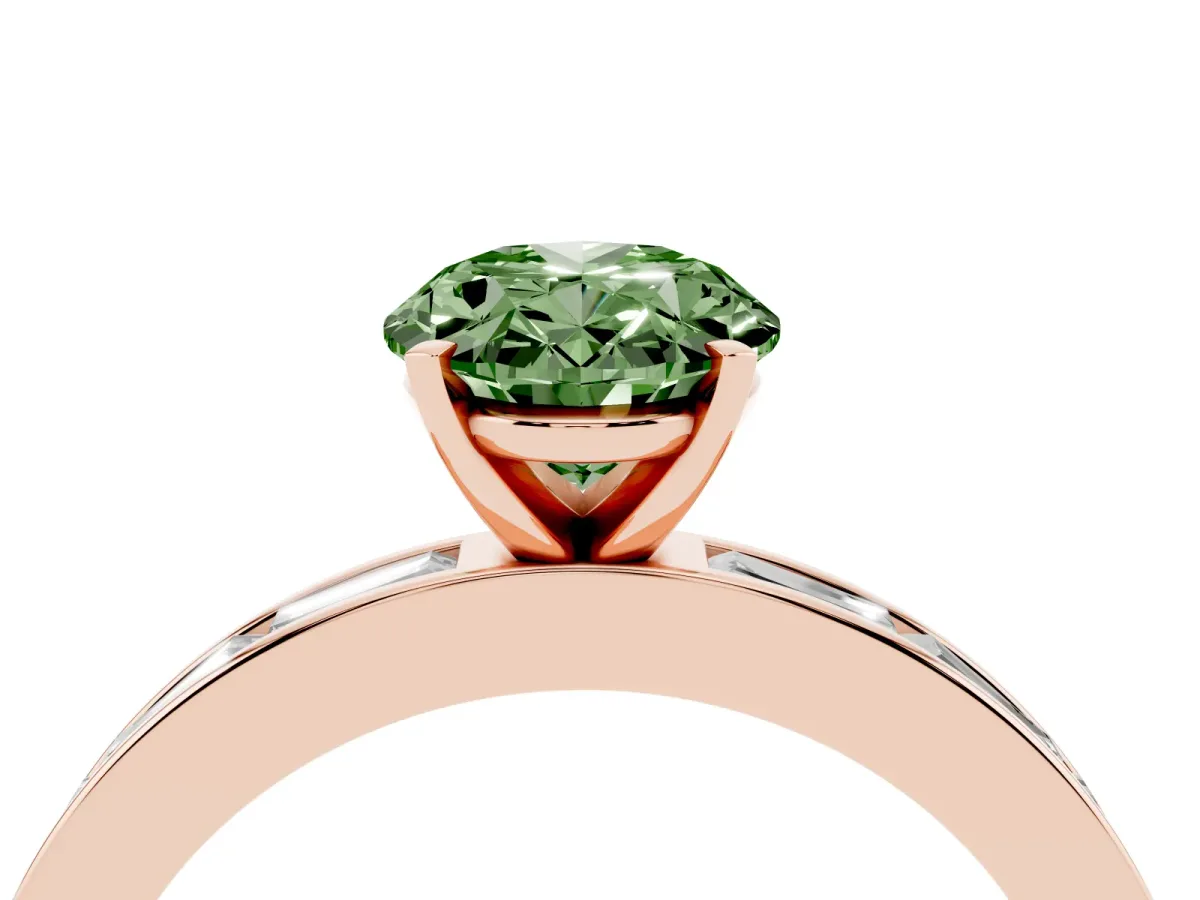 Fancy Green Oval Cut Solitaire Diamond Ring with Channel-Set Baguette Band and Four-Prong Setting Rose gold