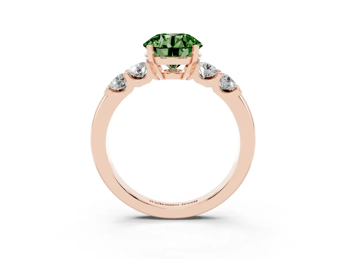 Fancy Green Round Cut Brilliant Cut Diamond Five-Stone Prong Set Engagement Ring with Channel Band Rose gold