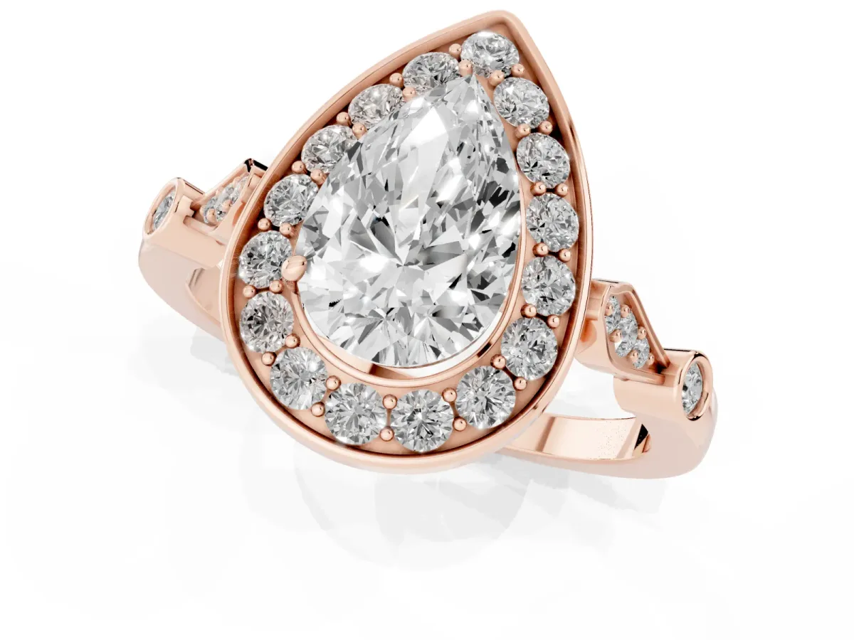 Pear Cut Halo Diamond Engagement Ring with Twisted Band and Four-Prong Setting Rose gold