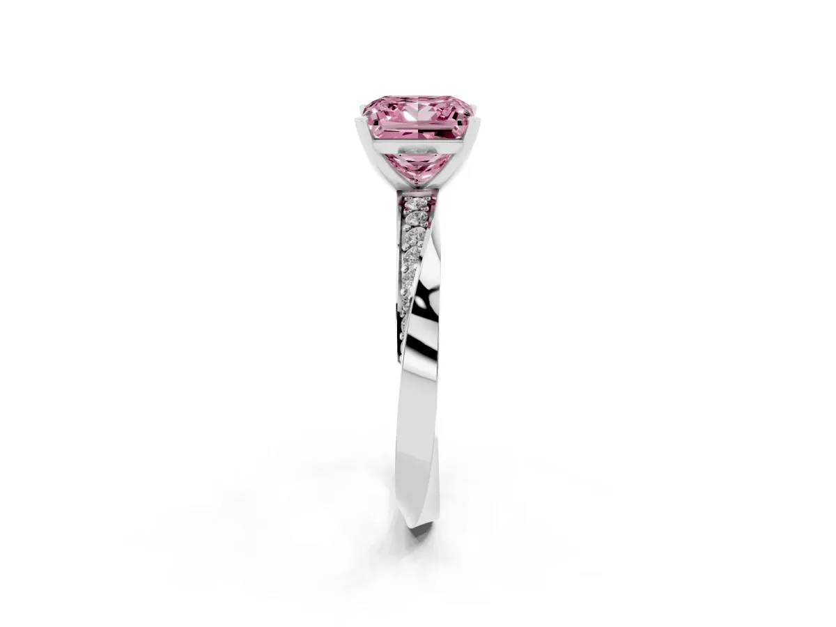 Fancy Pink Princess Cut Diamond Engagement Ring with Side Stone Accents and Four-Prong Setting Platinum