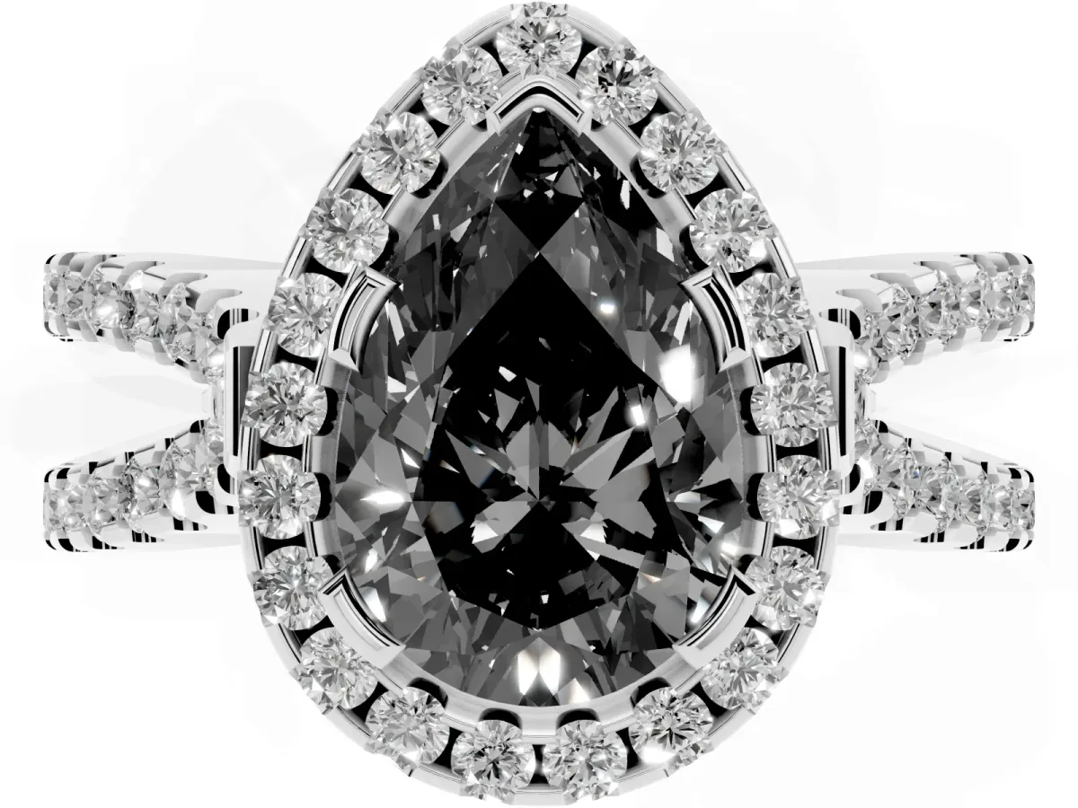 Fancy Black Pear Cut Diamond Halo Ring with Split Shank Pavé Band and Prong Setting Silver