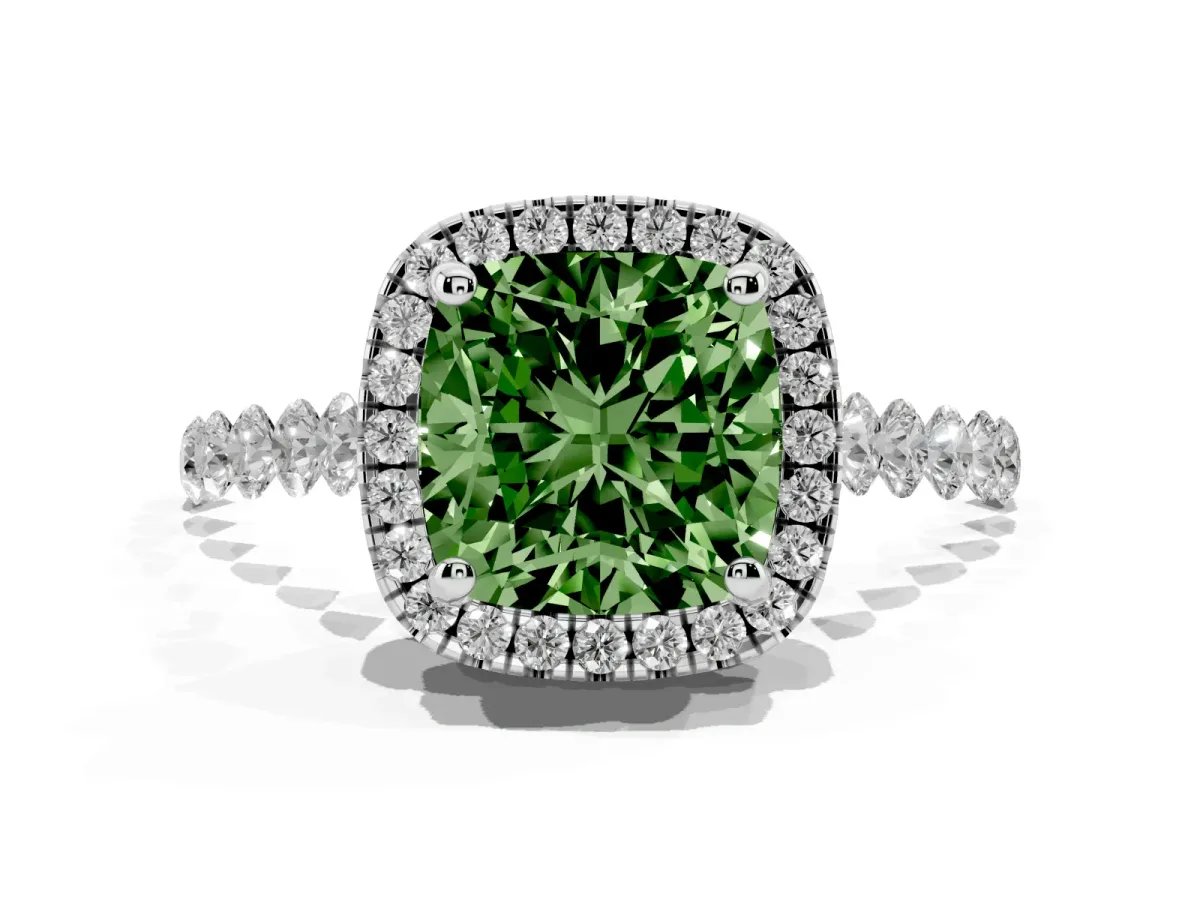 Fancy Green Cushion Cut Halo Pavé Diamond Engagement Ring with Four-Prong Setting Platinum