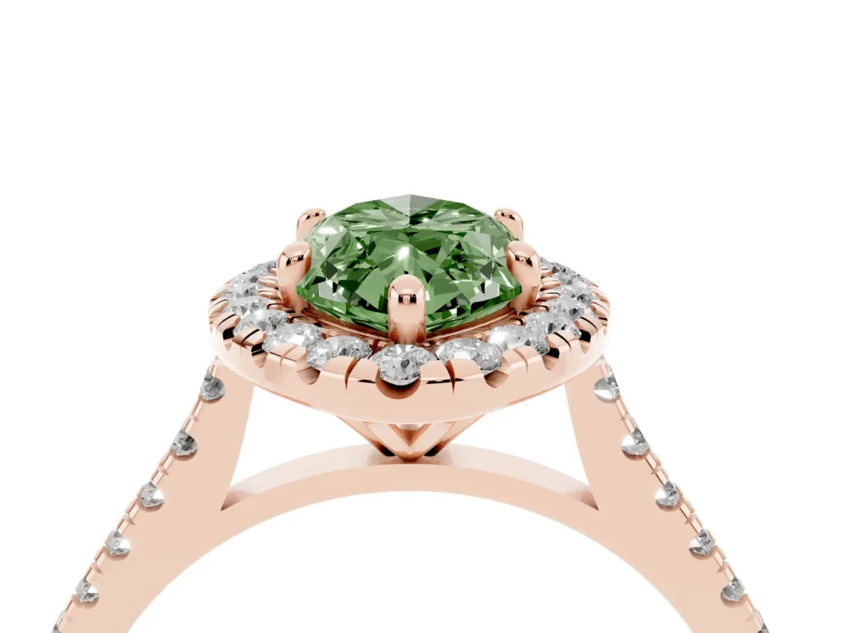 Fancy Green Marquise Cut Diamond Cushion Halo Ring with Pavé Band Rose gold