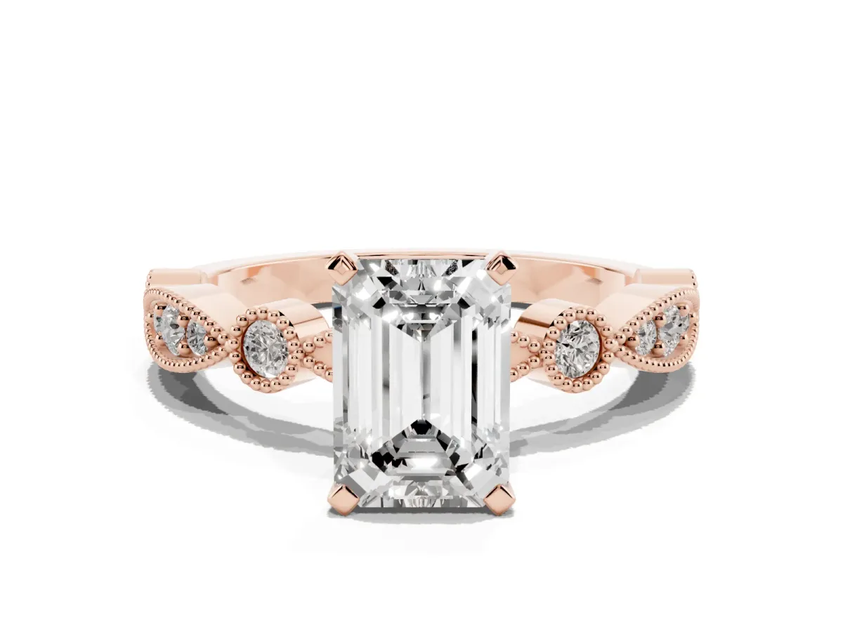Emerald Cut Milgrain Bezel Diamond Engagement Ring with Solitaire Prong Setting Rose gold