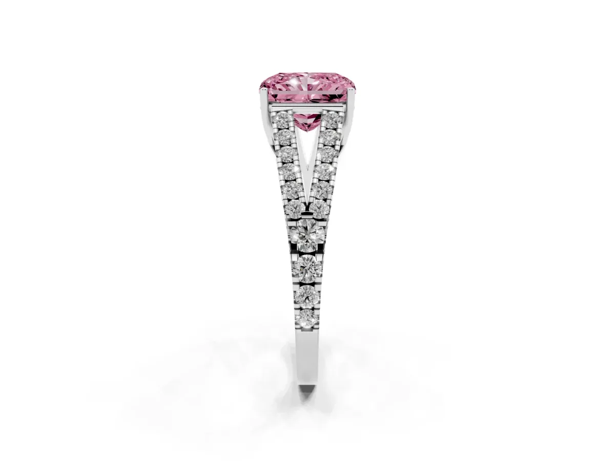 Fancy Pink Radiant Cut Diamond Split Shank Engagement Ring with Round Pavé and Prong Setting Silver