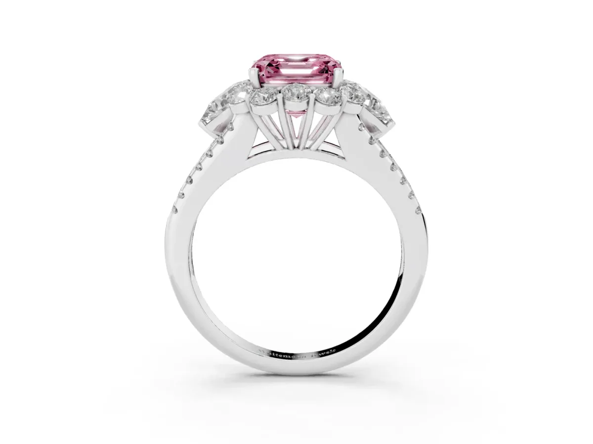 Fancy Pink Asscher Cut Halo Split Shank Diamond Engagement Ring with Prong Setting Silver