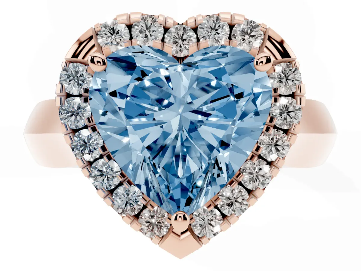Fancy Blue Heart Cut Cut Halo Solitaire Engagement Ring with Square Band and Four-Prong Setting Rose gold