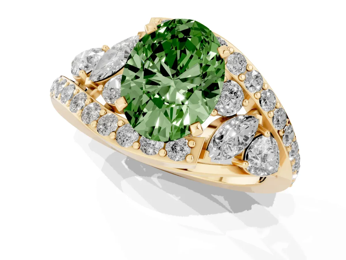 Fancy Green Oval Cut Diamond Halo Ring with Marquise and Pavé Band in Prong Setting Yellow gold