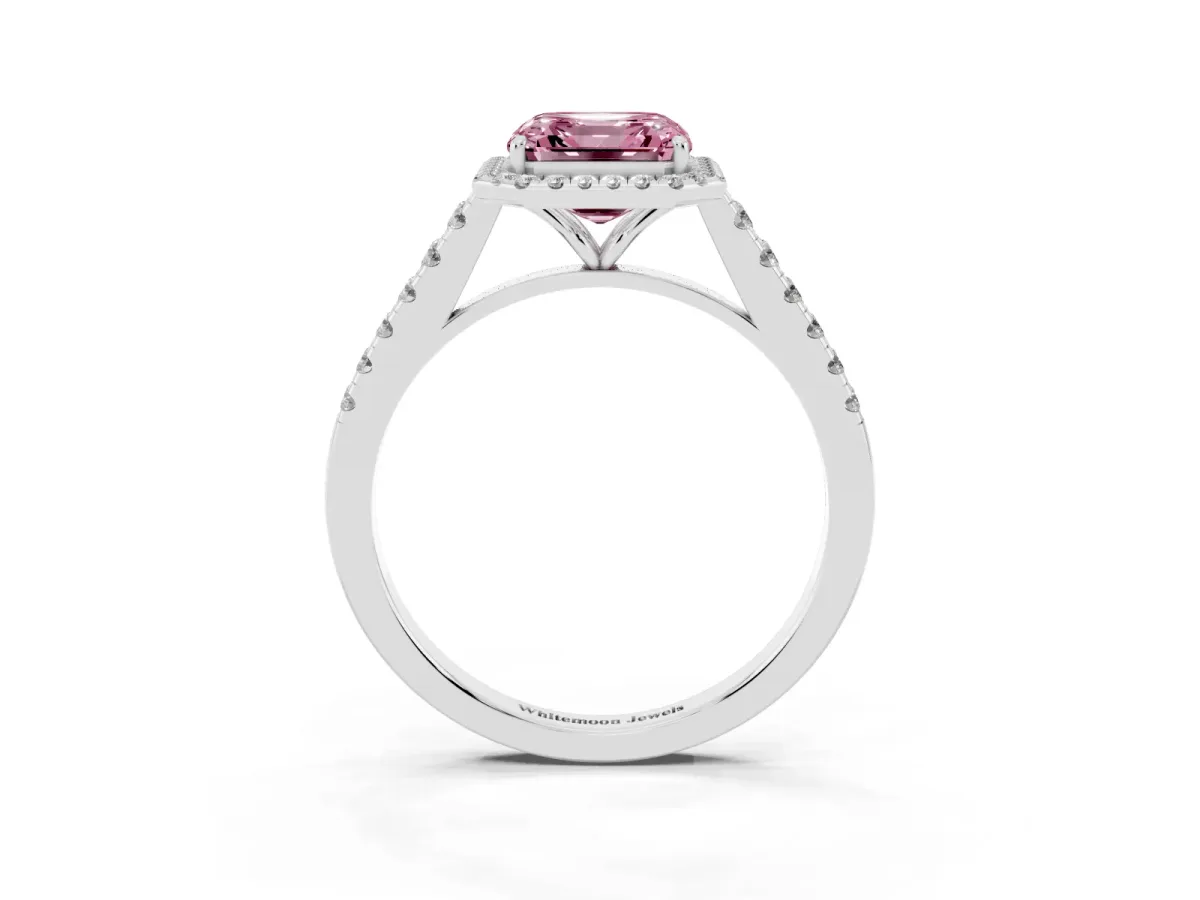 Fancy Pink Asscher Cut Halo Pave Diamond Engagement Ring with Four-Prong Setting White gold