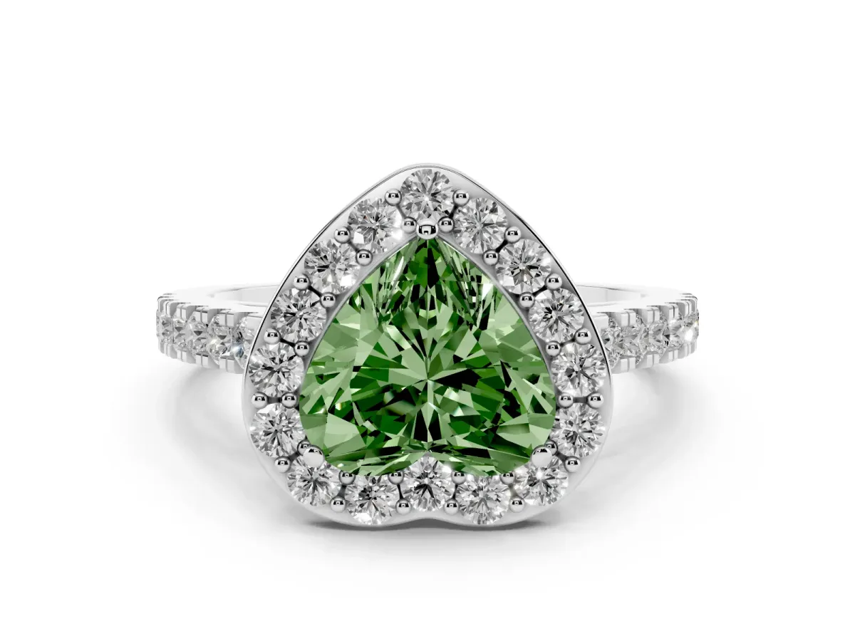 Fancy Green Heart Cut Diamond Halo Ring with Round Pavé Split Shank and Prong Setting White gold