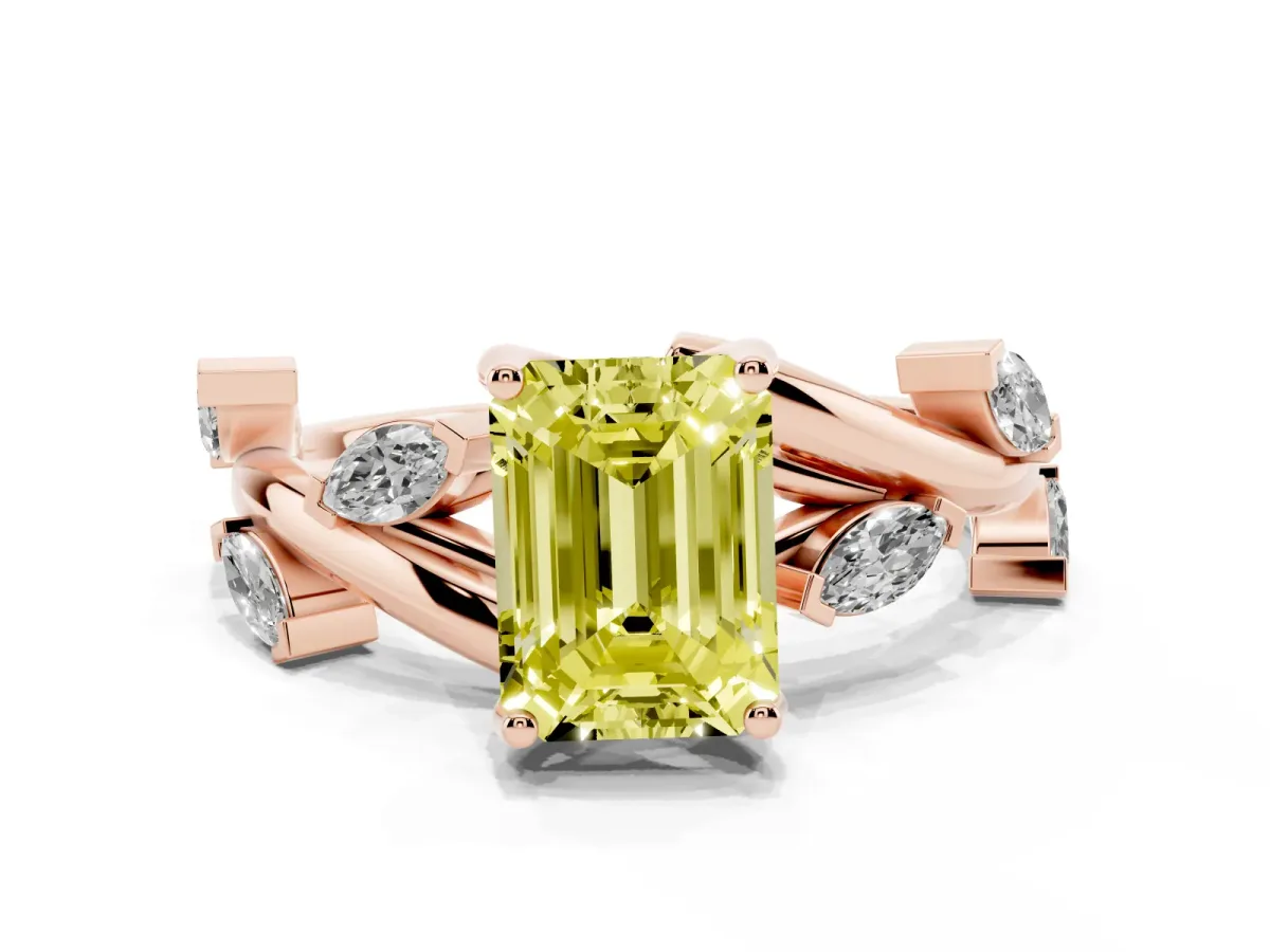 Fancy Yellow Emerald Cut Solitaire Twisted Band Marquise Accent Prong Setting Ring Rose gold