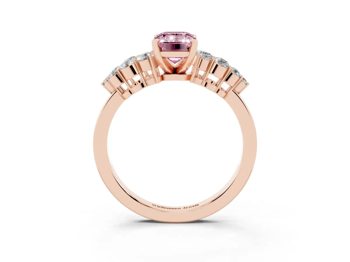 Fancy Pink Emerald Cut Cluster Diamond Engagement Ring with Pavé Band and Four-Prong Setting Rose gold