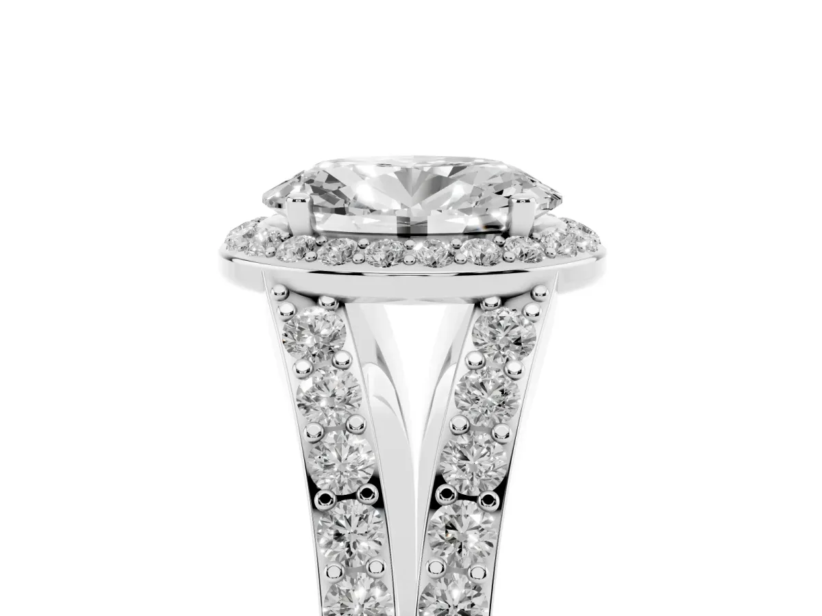 Oval Cut Diamond Split Shank Halo Ring with Four-Prong Setting White gold