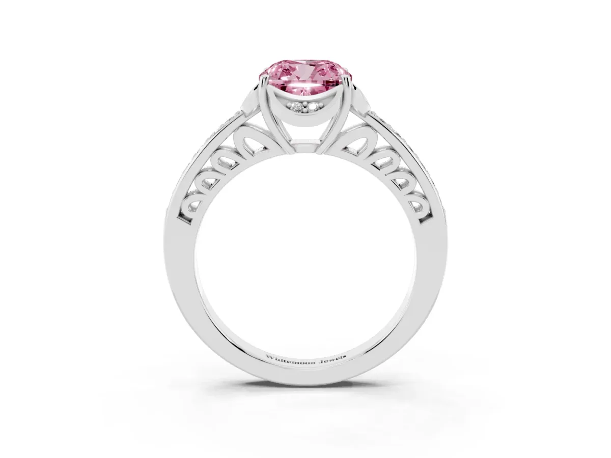 Fancy Pink Cushion Cut Cut Halo Diamond Ring with Channel Set Band and Four-Prong Setting Platinum