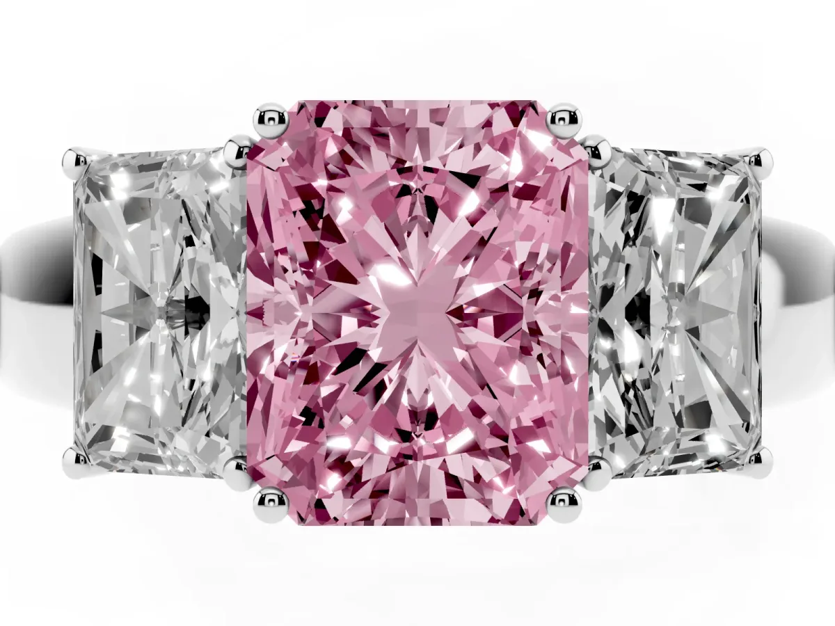Fancy Pink Three-Stone Radiant Cut Cut Diamond Ring with Prong Setting and Classic Band Silver
